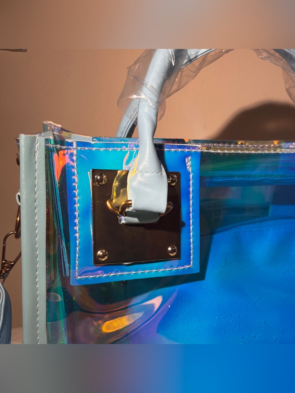Iridescent Holographic on a transparency + Sky Blue PVC Tote Bag & Pouch. - Picture 7 of 11